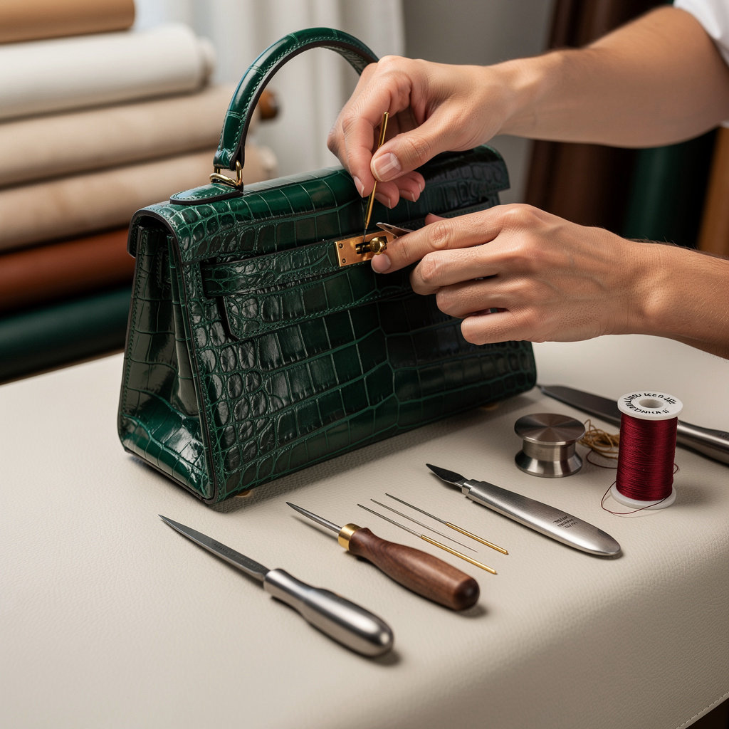 Giallo Lusso artisan handcrafting luxury handbag with premium crocodile leather and calf skin