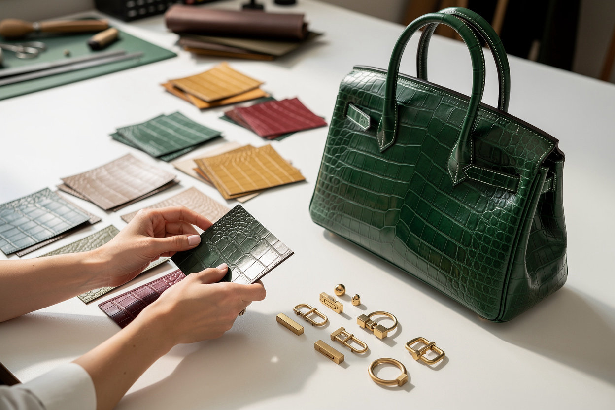 Giallo Lusso bespoke luxury handbags in crocodile skin and calf leather, customizable made-to-order pieces